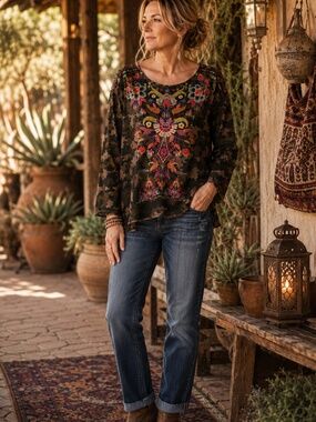 Johnny Was XL Embroidered Camo Waffle Knit Long Sleeve Top Boho
